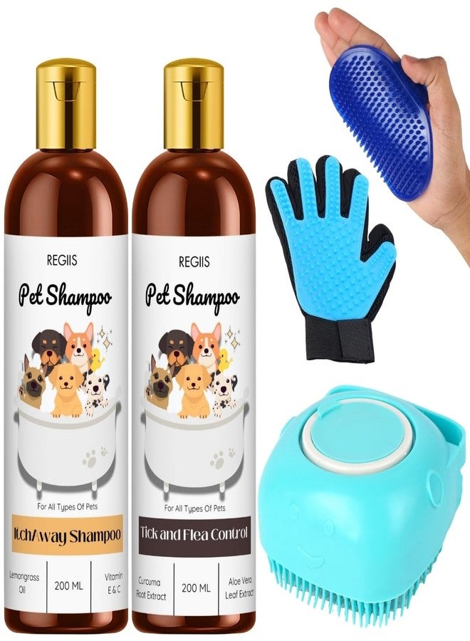 REGIIS Pet Grooming Kit, 200ml Itch Away Shampoo, 200ml Tick & Flea Control Shampoo, Bath Brush, Massage Glove, 4 Pieces - Image 1